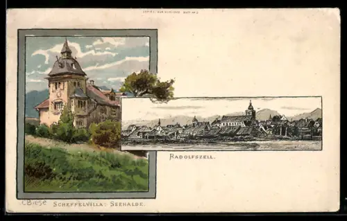Künstler-Lithographie Carl Biese: Radolfzell, Scheffelvilla Seehalde, Ortspanorama