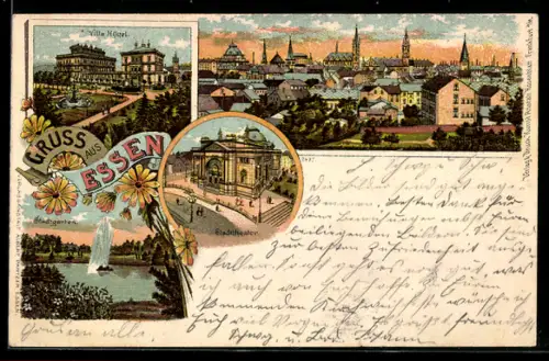 Lithographie Essen, Hotel Villa Hügel, Stadttehater, Stadtgarten