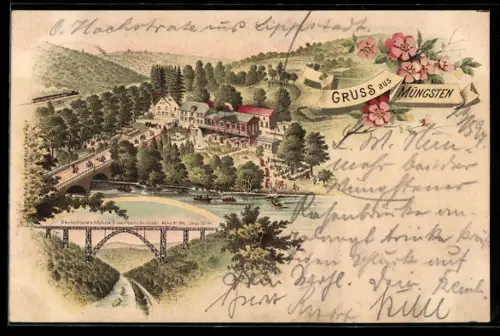 Lithographie Müngsten, Ortspartie mit Hotel, Eisenbahnbrücke