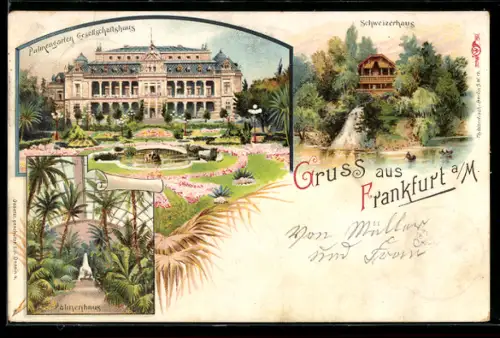 Lithographie Frankfurt-Westend, Palmengarten Gesellschaftshaus und Schweizerhaus