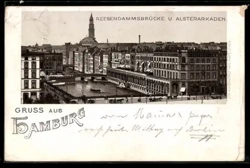 Vorläufer-Lithographie Hamburg, 1895, Reesendammsbrücke und Alsterarkaden