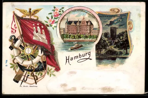 Lithographie Hamburg-Neustadt, Hamburger Hof, Im zoologischen Garten, Flagge