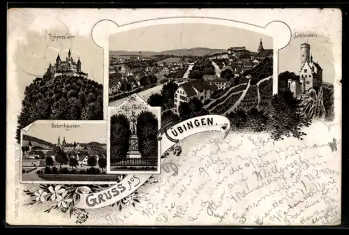 Vorläufer-Lithographie Tübingen, 1895, Hohenzollern, Lichtenstein, Bebenhausen