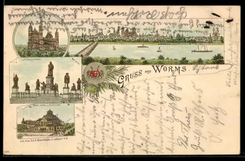 Lithographie Worms, Dom, Städtisches Spiel- und Festhaus, Lutherdenkmal