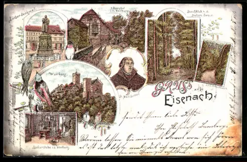 Lithographie Eisenach, Wartburg, Luther-Denkmal, Drachenschlucht