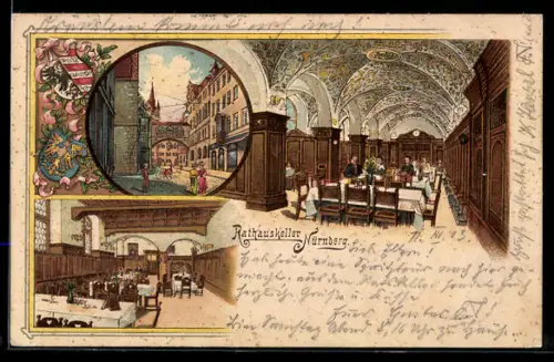 Lithographie Nürnberg, Gasthaus Rathskeller, Innenansicht