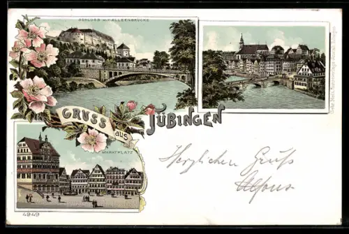 Lithographie Tübingen, Teilansicht, Schloss mit Alleenbrücke, Marktplatz