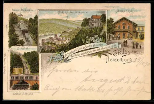 Lithographie Heidelberg, Gasthaus Molkenkur, Station Molkenkur, Bergbahn