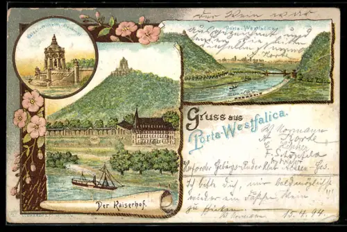 Vorläufer-Lithographie Porta-Westfalica, 1894, Panorama, Kaiserhof, Kaiser-Wilhelm-Denkmal