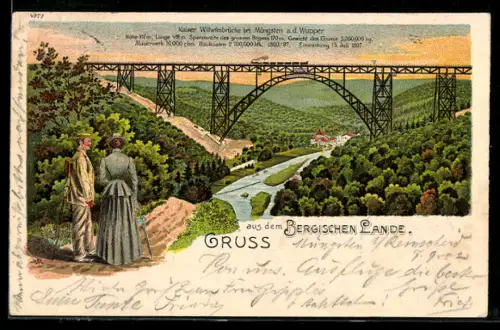 Lithographie Müngsten a. d. Wupper, Kaiser Wilhelmbrücke mit Eisenbahn