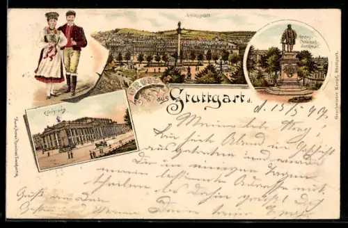 Lithographie Stuttgart, Schlossplatz, Königsbau, Herzog Christoph Denkmal