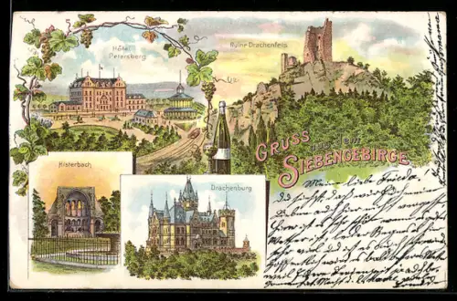 Lithographie Petersberg, Hotel Petersberg, Ruine Drachenfels, Histerbach