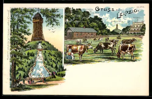 Lithographie Leipzig, Alpenhütte im Rosental, Scherbelberg, Aussichtsturm, Kaiserpark
