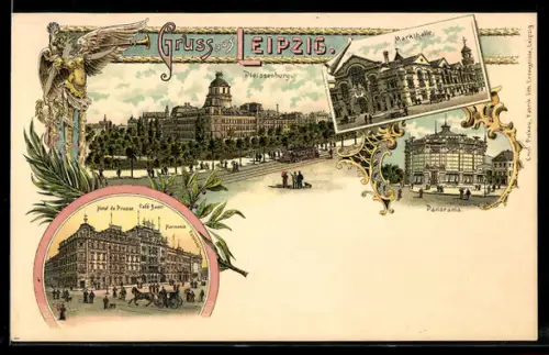 Lithographie Leipzig, Hotel de Prusse, Café Bauer, Markthalle