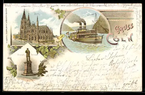 Lithographie Köln, Dom, Bismarck-Denkmal, Dampfer