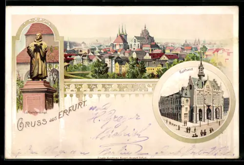 Lithographie Erfurt, Teilansicht, Rathaus, Lutherdenkmal