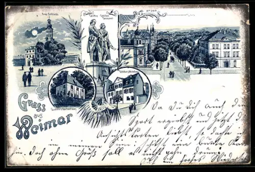 Lithographie Weimar / Thüringen, Schloss, Goethe-Schiller-Denkmal, Wohnhaus von Schiller