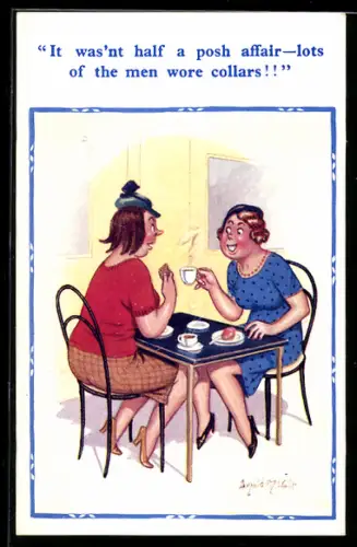 Künstler-AK Donald McGill: Zwei Frauen am Tisch im Cafe