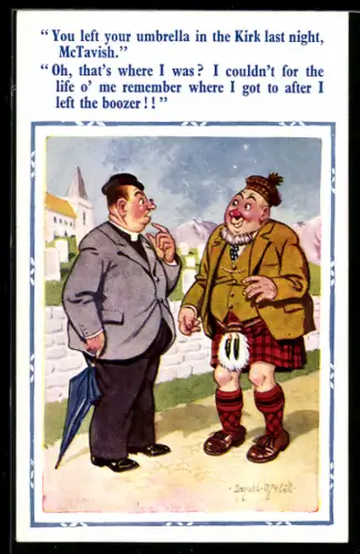 Künstler-AK Donald McGill: You left your umbrella..., Schotte im Gespräch mit dem Priester