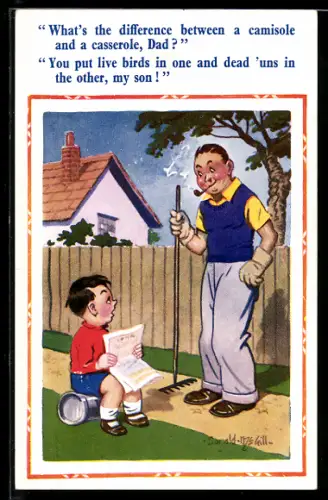 Künstler-AK Donald McGill: Vater und Sohn im Garten