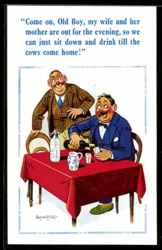 Künstler-AK Donald McGill: Zwei Männer trinken Alkohol