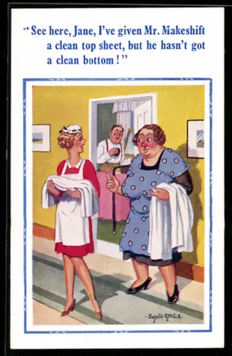 Künstler-AK Donald McGill: Zwei Frauen mit Handtüchern