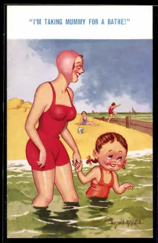 Künstler-AK Donald McGill: I`m taking mummy for a bathe!, Frau und Tochter im Badeanzug