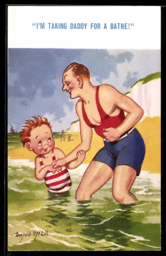Künstler-AK Donald McGill: Vater und Sohn im Badeanzug