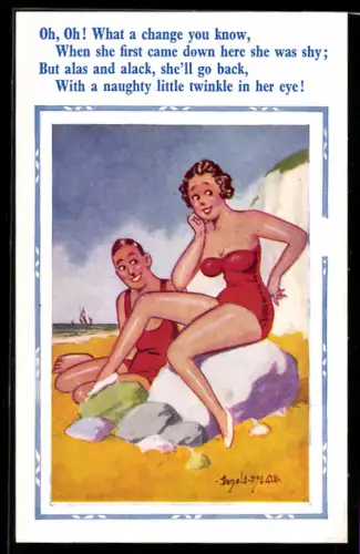 Künstler-AK Donald McGill: Paar in Badeanzügen sonnt sich am Strand