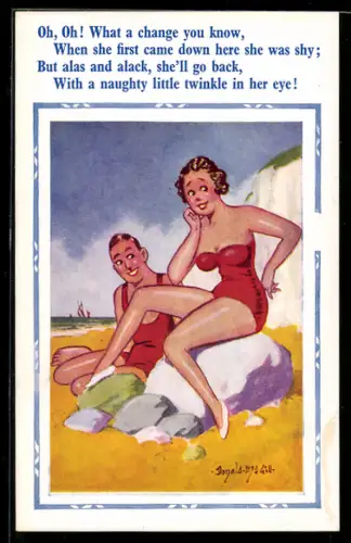 Künstler-AK Donald McGill: Paar in Badeanzügen sonnt sich am Strand