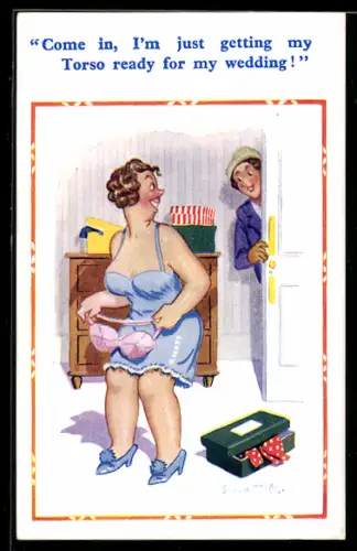 Künstler-AK Donald McGill: Frau beim Ankleiden