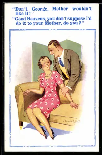 Künstler-AK Donald McGill: Ehepaar an der Couch