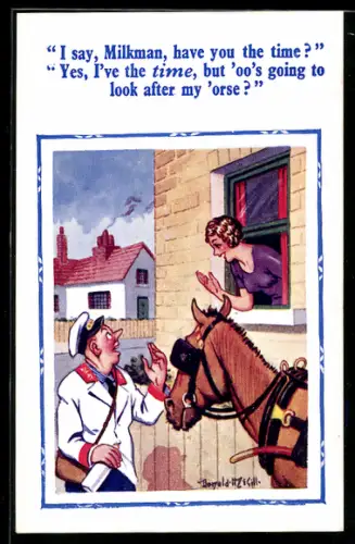 Künstler-AK Donald McGill: Milchmann bei Frau am Fenster