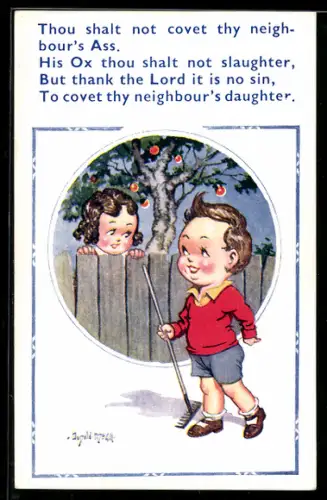 Künstler-AK Donald McGill: Thou shalt not covet thy neighbour`s Ass.., Junger Mann und Frau unterhalten sich am Zaun