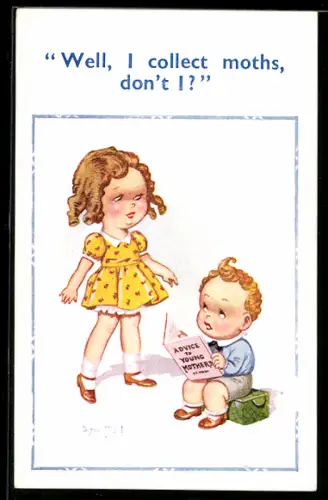 Künstler-AK Donald McGill: Frau und Junge mit Buch