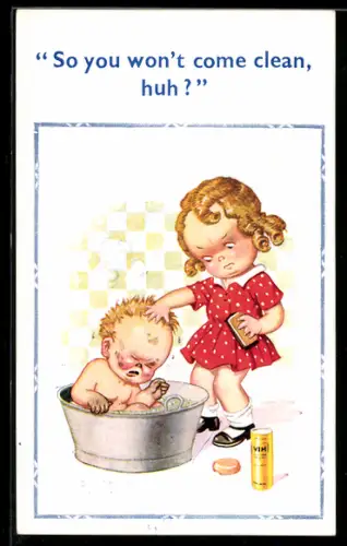 Künstler-AK Donald McGill: Frau wäscht Jungen in Wanne