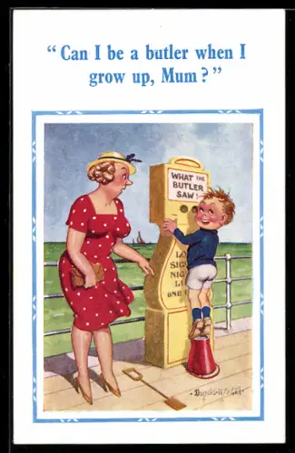 Künstler-AK Donald McGill: Frau mit Jungen am Automaten