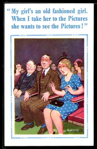 Künstler-AK Donald McGill: Paar sitzt im Kino