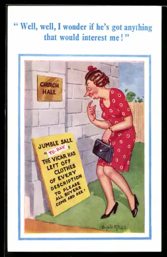 Künstler-AK Donald McGill: Frau liest ein Schild