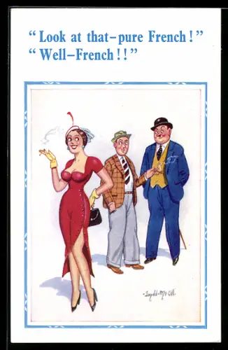 Künstler-AK Donald McGill: Zwei Herren schauen Dame nach