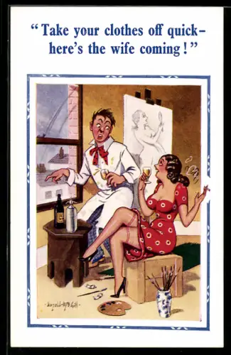 Künstler-AK Donald McGill: Frau bei Maler im Atelier