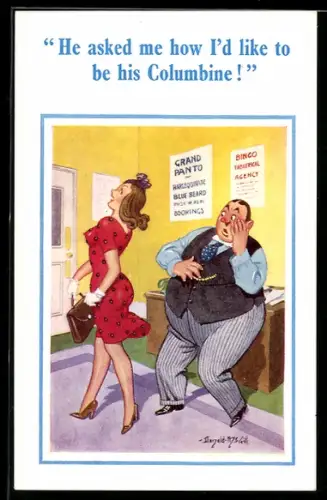 Künstler-AK Donald McGill: Junge Frau in einem Büro