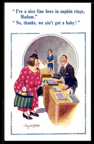 Künstler-AK Donald McGill: Frau im Schmuckgeschäft