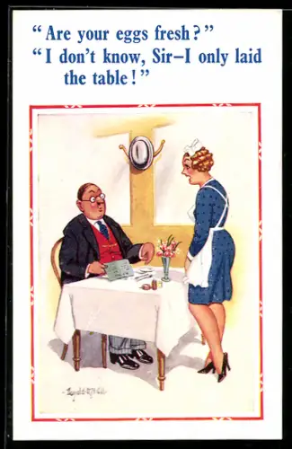 Künstler-AK Donald McGill: Kellnerin bei Gast am Tisch