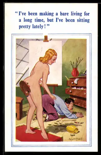 Künstler-AK Donald McGill: Nackte Frau bei Maler im Atelier