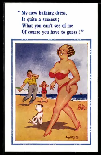 Künstler-AK Donald McGill: Junge Frau im Bikini am Strand