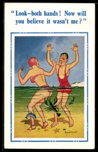 Künstler-AK Donald McGill: Frau schlägt Mann beim Baden