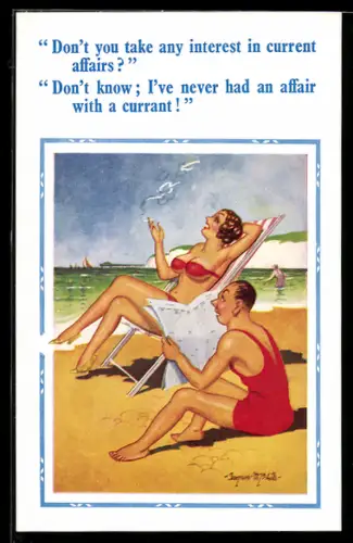 Künstler-AK Donald McGill: ...I`ve never had an affair with a currant!