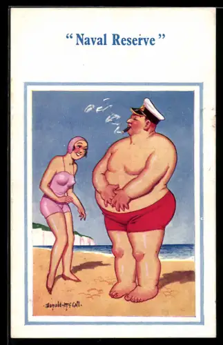 Künstler-AK Donald McGill: Dicker Mann und Frau im Badeanzug