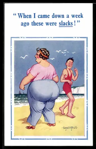 Künstler-AK Donald McGill: Mann im Badeanzug und dicke Frau